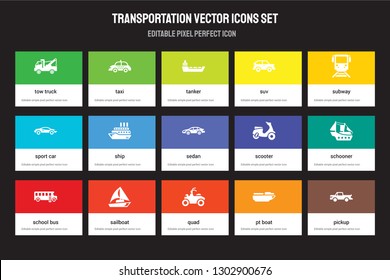 Set of 15 flat transportation icons - Tow truck, Taxi, Quad, Subway, School bus, Scooter, schooner, PT boat. Vector illustration isolated on colorful background