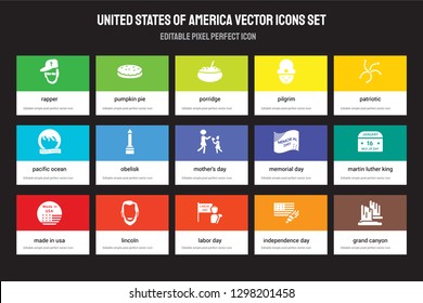 Set of 15 flat united states america icons - Rapper, Pumpkin Pie, Labor Day, patriotic, Made in USA. Vector illustration isolated on colorful background