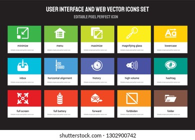 Set of 15 flat user interface and web icons - Minimize, Menu, Forward, Lowercase, Full screen, High Volume, Hashtag, Forbbiden. Vector illustration isolated on colorful background