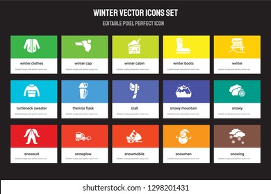 Set of 15 flat winter icons - Winter clothes, cap, Snowmobile, Winter, Snowsuit, snowy Mountain, Snowy, Snowman. Vector illustration isolated on colorful background