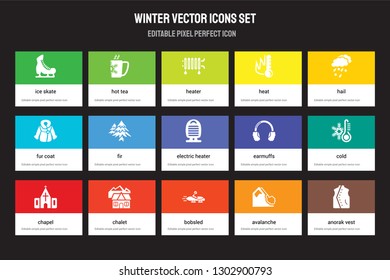 Set of 15 flat winter icons - Ice skate, Hot tea, Bobsled, Hail, Chapel, Earmuffs, Cold, Avalanche. Vector illustration isolated on colorful background