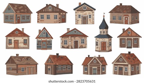 Set of 15 folk art illustrations featuring rustic houses, wooden cottages, and stone cabins. Detailed traditional rural architecture with gable roofs, textured walls, and windows.