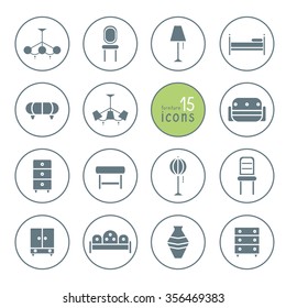 Set of 15 furniture isolated icons. Elements for web, design, logo. Vector illustration.
