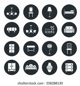 Set of 15 furniture isolated icons. Elements for web, design, logo. Vector illustration.