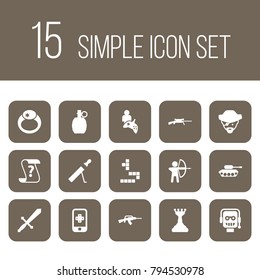 Set of 15 game icons set. Collection of shotgun, mobile game, archer and other elements.