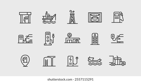 Set of 15 gas station and energy-related icons, featuring different elements of fuel services, oil extraction, and energy logistics. Vector illustration 