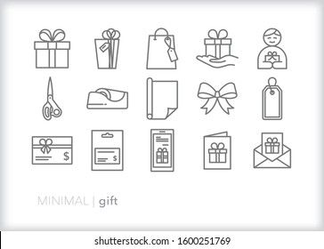 Set of 15 gift line icons of presents, cards and gift cards for birthday, holiday or Christmas