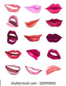 Set of 15 glamour lips, with different lipstick colors.