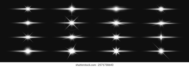 Set of 15 glowing starbursts on a black background. Bright starbursts, radiant starbursts, shining starbursts, perfect for design projects and effects. Overlay effect vector element set.