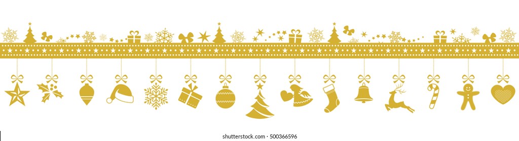 Set of 15 golden Christmas ornaments hanging from a border made from various Christmas symbols isolated on white.