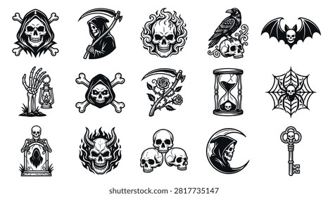 Set of 15 gothic black and white Halloween icons including skulls, grim reaper, scythes, raven, bats, hourglass, and occult symbols for tattoos or graphic design elements.