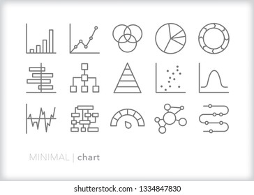 Set of 15 gray chart line icons showing various ways data or statistics can be illustrated through graphics, charts, diagrams, timelines and plot points