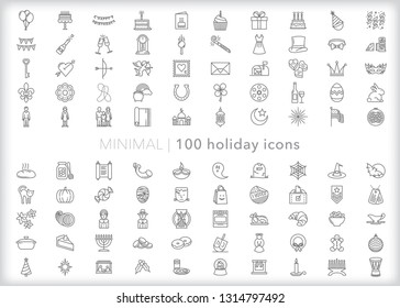 Set of 15 gray holiday line icons for the calendar year including new years, valentine's day, Mardi Gras, Easter, Hallowen, Diwali, Ramadan, Thanksgiving, Hanukkah, Christmas, Kwanzaa