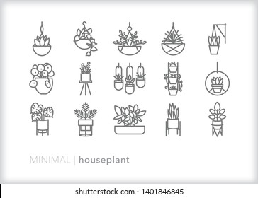 Set of 15 gray houseplant icons for cleaning the air, decorating, and tending to an indoor garden