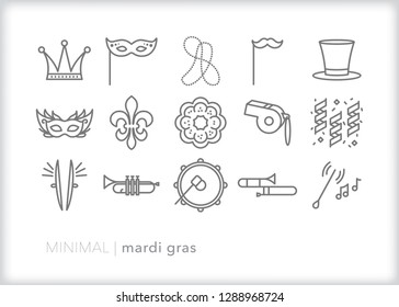 Set of 15 gray Mardi Gras icons for the New Orleans party and celebration with bands, parade, percussion, musical instruments, beads, king cake and masks