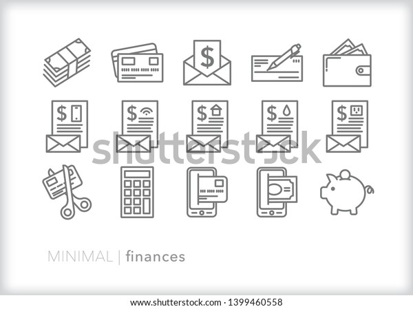 Set of 15 gray personal finance line icons\
representing cash, credit card, pay day, paycheck, checkbook, bills\
due, wallet, savings, retirement savings, debt, mobile banking and\
mobile pay