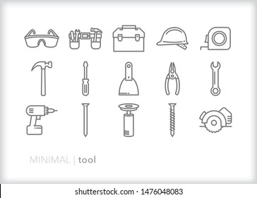 Set of 15 gray tool line icons for construction and building