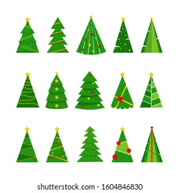 Set of 15 green christmas trees with festive decorations isolated on a white background. Vector flat illustration for greeting card, poster, invitation, web banner.