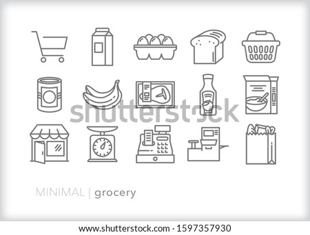 Set of 15 grocery line icons of common food and drink, including shopping cart, basket, cash register and self-checkout 