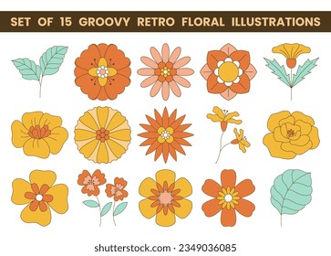 Set of 15 groovy retro floral illustrations. Colorful flat vector illustrations with groovy retro style.