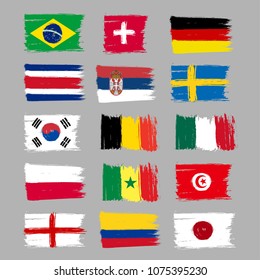 Set of 15 grunge flags for world football championship 