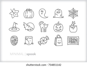 Set of 15 Halloween icons for trick or treat celebration including candy, pumpkin, witch hat, bat, mummy, gravestone, spiderweb, cauldron and cat