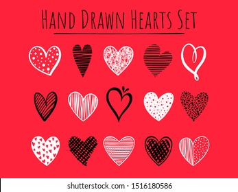 Set of 15 hand drawn black and white hearts on the red background, simple vector shapes for greeting cards, wedding invitation, banners, backgrounds, textiles design.