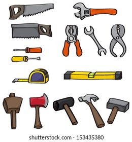 Set of 15 hand drawn cartoon building tools. Set includes hammer, mallets, wooden mallet, tape measure, spirit level, screwdrivers, wrenches, pliers, saws and an axe. This Vector File is EPS10. 