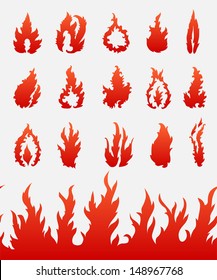 set of 15 hand drawn decorative fire flames and one seamless pattern, design elements