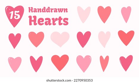 Set of 15 hand drawn red and pink hearts, vector eps10 illustration