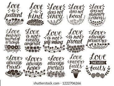 Set of 15 hand lettering quotes about love from Corinthians . Card. Biblical background. Christian poster. Modern calligraphy. Expression of feelings. Scripture print