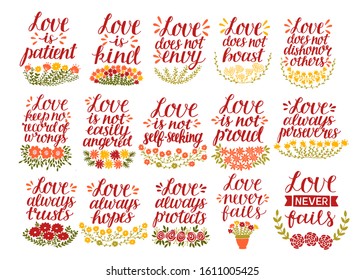 Set of 15 hand lettering quotes with Bible verse Love is patient, kind, never fails. Biblical background. Modern calligraphy Scripture print. Christian poster. Corintians