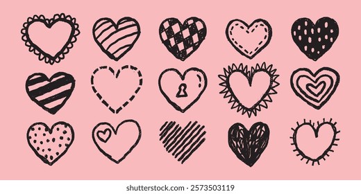 A set of 15 hand-drawn heart designs on a pink background. Each heart features unique patterns like stripes, dots, and checkers. Artistic heart illustrations. Cute Valentine's Day elements, vector.