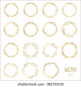 Set of 15 Handdrawn ink painted gold floral wreaths and laurels. Vintage vector golden elements for wedding, holiday and greeting cards, web, prind scrapbooking design and other