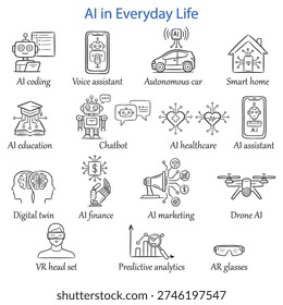A set of 15 hand-drawn vector icons illustrating the integration of Artificial Intelligence in daily life. Featuring concepts such as AI coding, smart homes, autonomous cars, chatbots, and wearable tech like VR and AR. These sketchy, organic doodles are perfect for presentations, mobile apps, and creative web design.