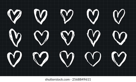 Set of 15 hand-drawn white hearts on a black grid background. Each heart is unique, creating a charming and artistic pattern. Perfect for design projects. Hand drawn Valentine's Day vector set.