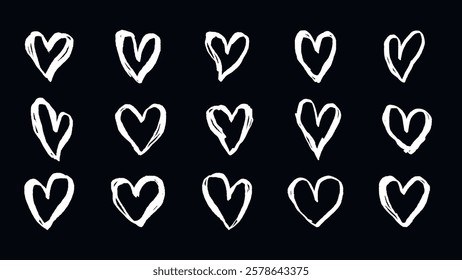 Set of 15 hand-drawn white hearts on a black background. Sketchy heart designs, artistic heart illustrations, heart shapes for creative projects. Hand drawn Valentine's Day vector set.