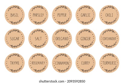 A set of 15 handwritten labels for marking jars and containers with spices. Pepper, salt, sugar, ginger, oregano. Elegant hand drawn wreath with handwritten text. Pantry space organization. Stickers.