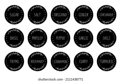 A set of 15 handwritten labels for marking jars and containers with spices. Pepper, salt, sugar, ginger, oregano. Elegant hand drawn wreath with handwritten text. Pantry organization. Black stickers.