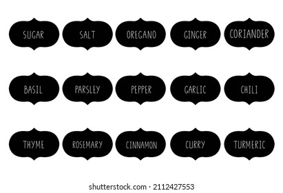 A set of 15 handwritten labels for marking jars and containers with spices. Pepper, salt, sugar, ginger, oregano. Abstract black stickers with handwritten text. Pantry organization. 