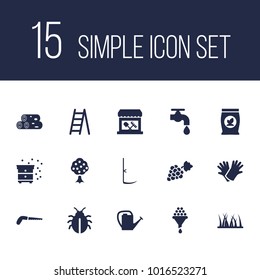 Set of 15 horticulture icons set. Collection of beekeeping, insect, weed and other elements.