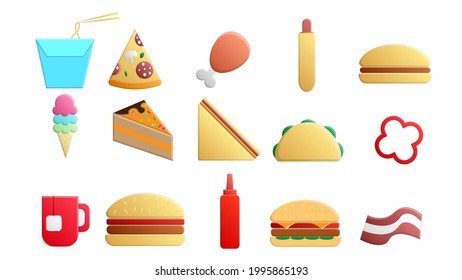 Set of 15 icons of delicious food and snacks items for a cafe bar restaurant on a white background: burger, hot dog, sandwich, pizza, burrito, drink, noodles, ketchup, pepper