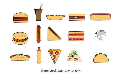 Set of 15 icons of items of delicious food and snacks for a cafe bar restaurant on a white background: burger, hot dog, sandwich, pizza, burrito, drink