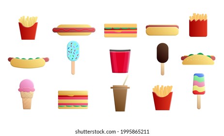 Set of 15 icons of items of delicious food and snacks for a cafe bar restaurant on a white background: fries, sandwich, ice cream, popcorn, drink