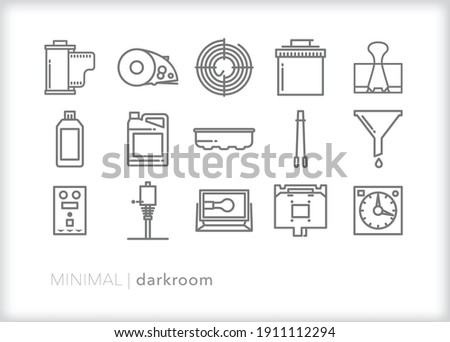 Set of 15 icons of items used in a darkroom when developing film and printing photos