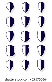 Set of 15 icons of shields with shadow