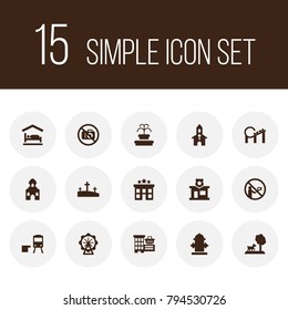 Set of 15 infrastructure icons set. Collection of mosque, railway station, motel and other elements.