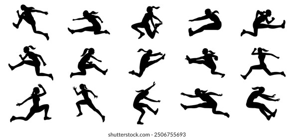 Set of 15 item women's long jump silhouette vector illustration