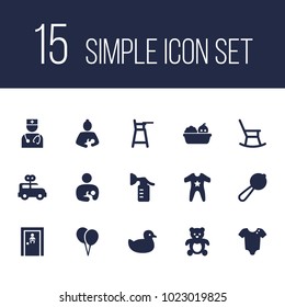 Set of 15 kid icons set. Collection of clockwork car, infant, romper and other elements.