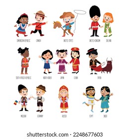 Set of 15 kids in national clothing. Globe kids. International friendship day. Kids of the World Vector Characters Collection.